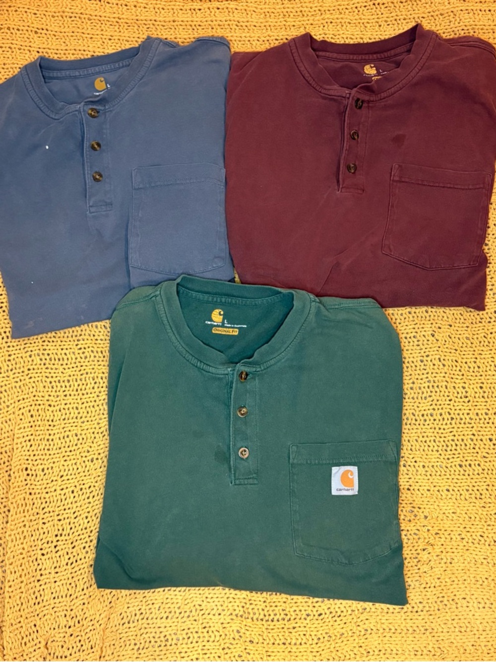 Lot of 3 Carhartt Men’s  Henley Pocket Shirts - Blue, Burgundy, Teal DISTRESSED